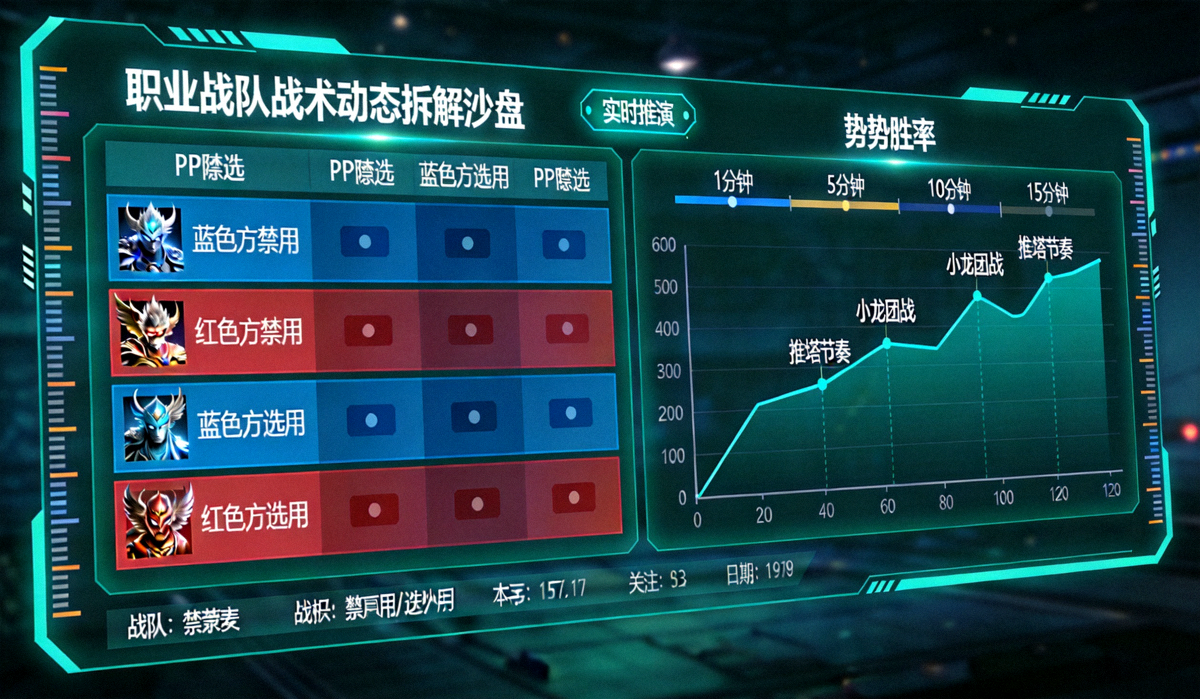 职业战队战术动态拆解沙盘：BP禁选与局势胜率走势实时推演界面